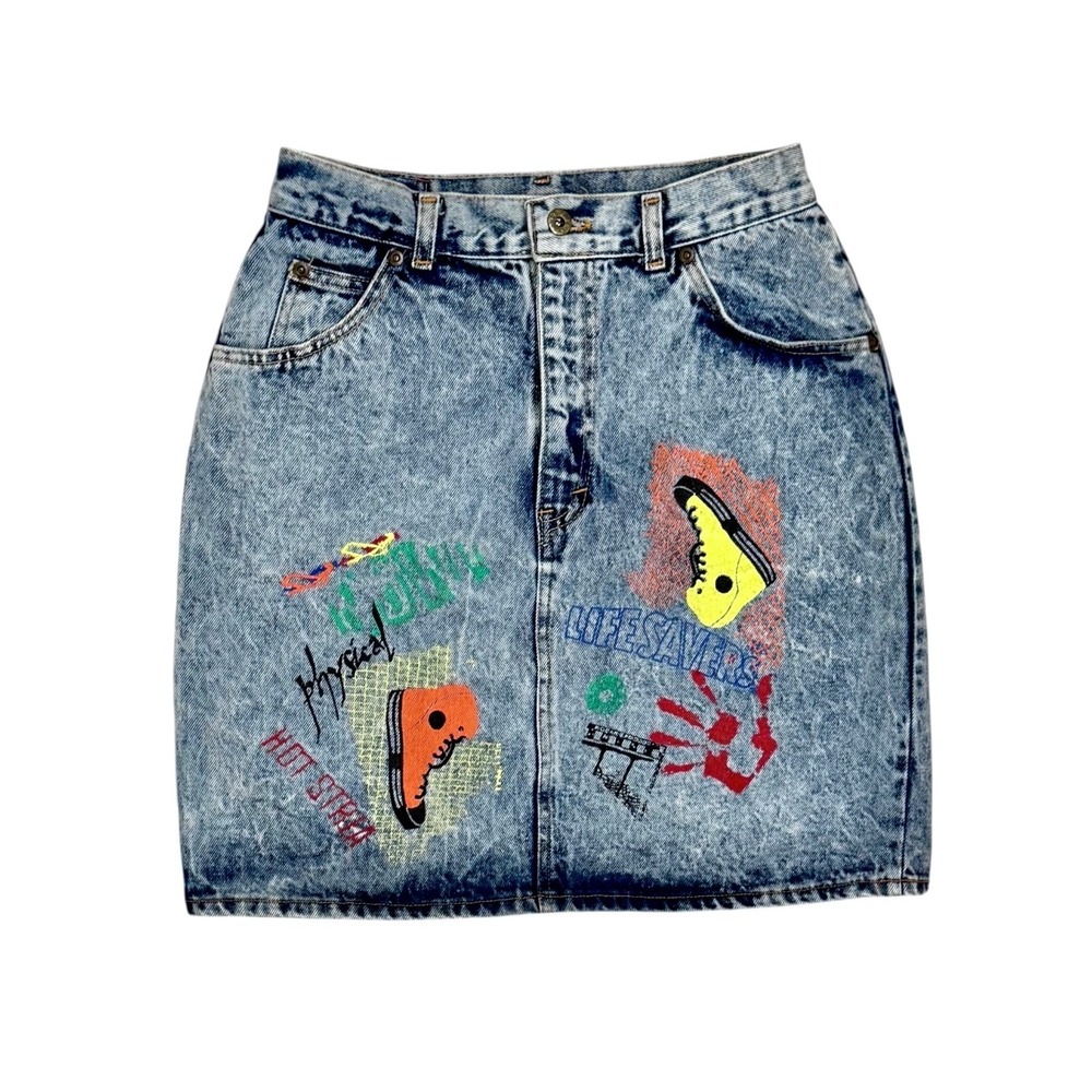 Vintage Life Savers High Waisted Denim Mini Skirt Size 8 90s Graphic Embroidered